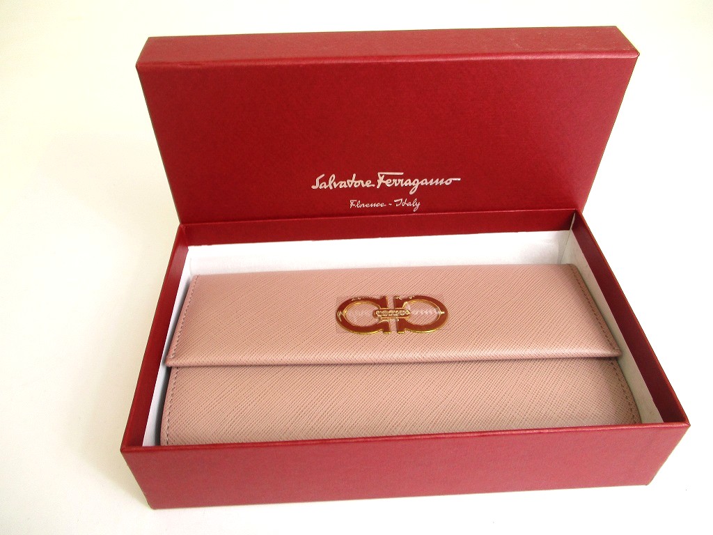 Photo12: Salvatore Ferragamo Gancini Pink Beige Leather Flap Long Wallet #a906