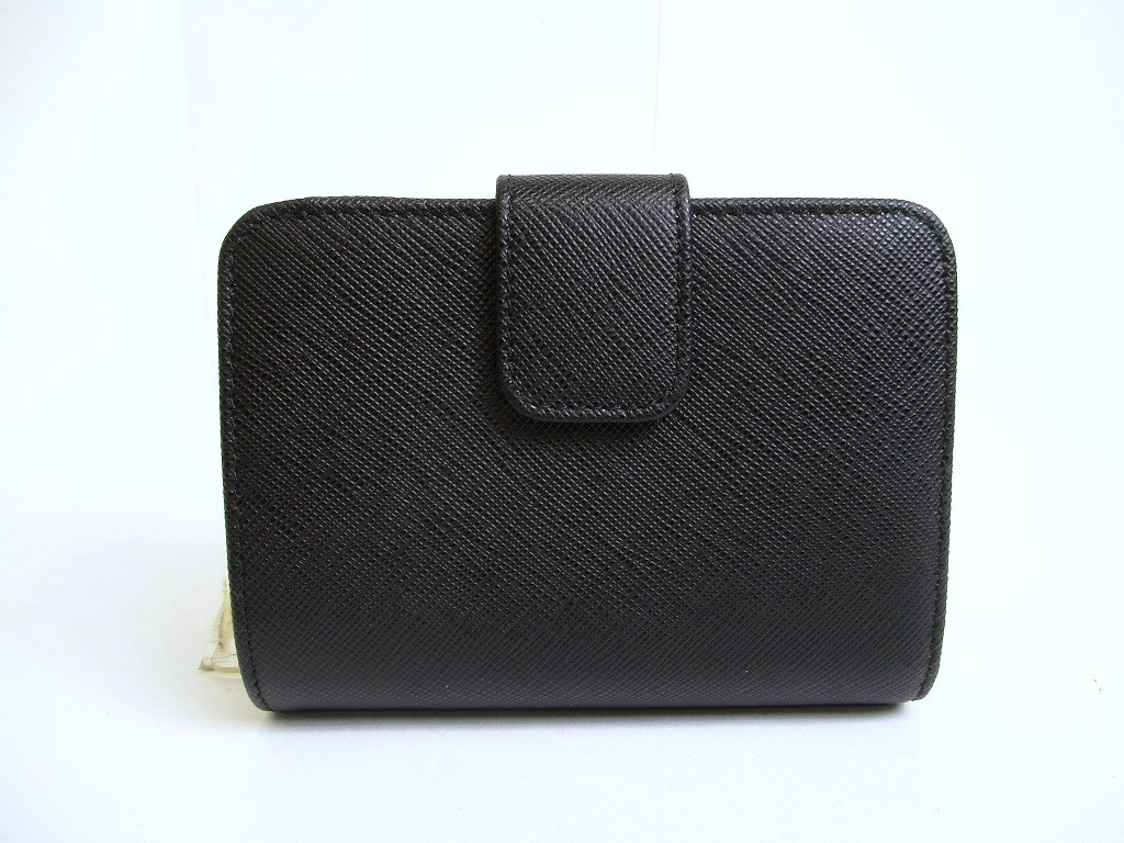 Photo2: PRADA Saffiano Black Leather Bifold Wallet Compact Wallet #a924