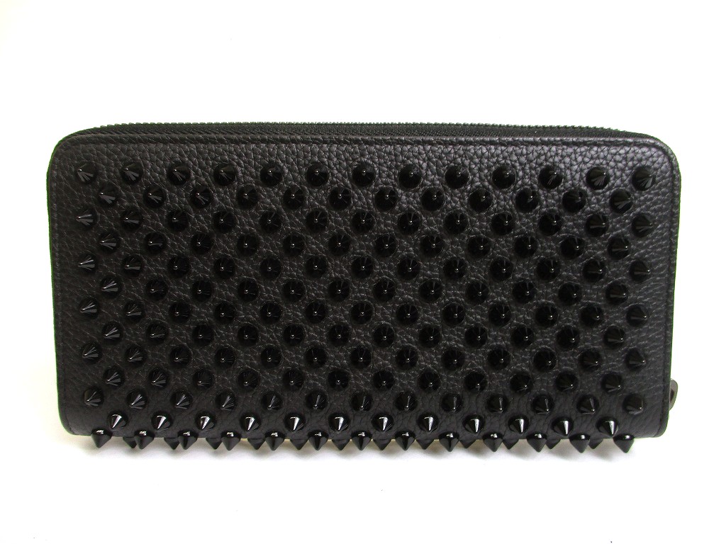 Photo2: Christian Louboutin Panettone Black Leather Spikes Round Zip Wallet #a942